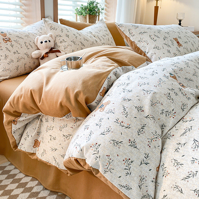 Thick Brushed Cotton 4-Piece Bed Sheet Set