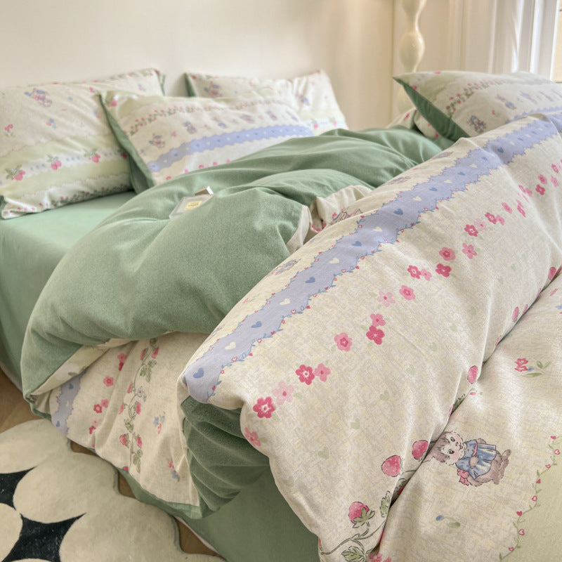 Thick Brushed Cotton 4-Piece Bed Sheet Set
