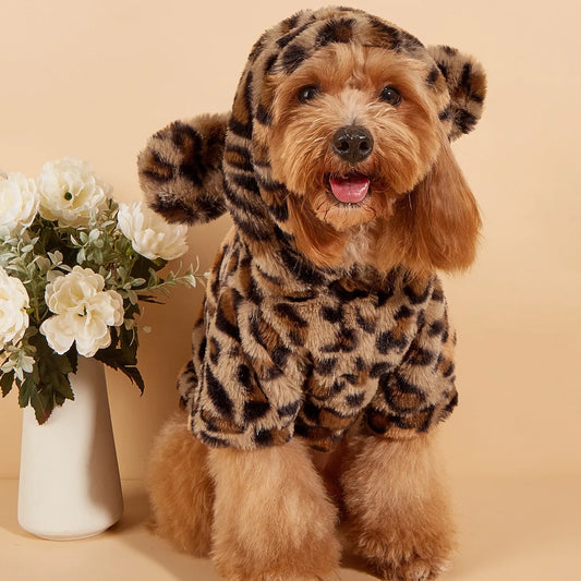 Leopard Dog Hoodie with Ears - Plush Pet Hoodie for Small & Medium Dogs