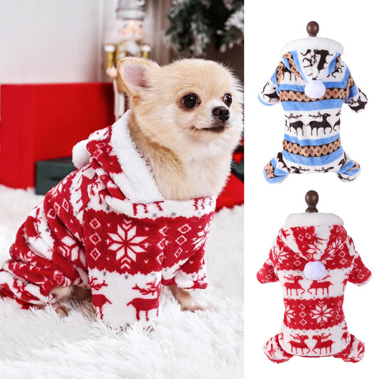 Warm Christmas Dog Pajamas - Fleece Thermal Winter Jumpsuits for Small and Medium Dogs & Cats