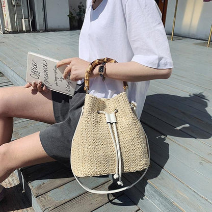 Handwoven Bamboo Bucket Bag with Adjustable Strap